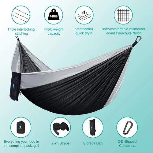 Miniatura 8 de Hamaca para campamento, hamacas portátiles individuales/dobles para senderismo al aire libre, viajes, mochilero, hamaca de nailon 210D para patio
