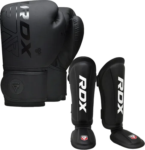 RDX Guantes de boxeo de 14 onzas y espinilleras de kickboxing (tamaño grande), guantes de piel maya de alta calidad para adultos, con almohadillas