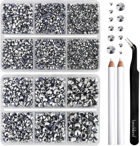 Miniatura 20 de BEADSLAND Hotfix - 6080 diamantes de imitación azul oscuro para ropa y manualidades, mezclados en 6 tamaños con kit de lápiz de cera y pinzas, Zafiro
