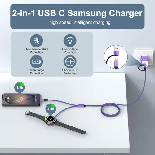 Miniatura 3 de Magnetic Samsung Fast Charger Cord for Galaxy Watch 8 Classic/8/7/Ultra/6/6/5 Pro/5/4/3/FE/2/ 2in1 USB A & USB C Fast Charging Cord 6FT for Samsung