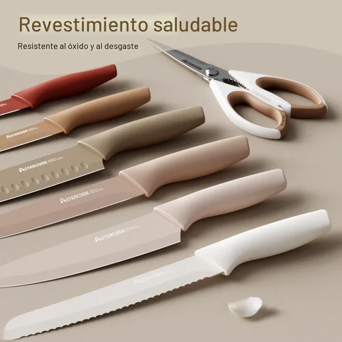 Miniatura 2 de Astercook Juego de cuchillos, juego de 13 piezas de cuchillos de cocina con revestimiento saludable antióxido, apto para lavavajillas, juego de Crema