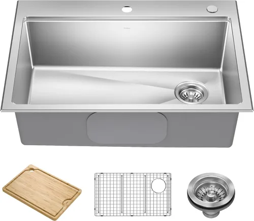 Miniatura 12 de KRAUS Fairlane KHT631-15 - Fregadero de cocina o bar, 15 pulgadas, montaje directo/superior, cuenco individual, de acero inoxidable de calibre 18