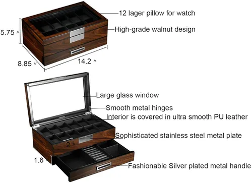 Miniatura 5 de Lifomenz Co Caja de reloj de madera para hombre organizador de joyas con cajón de valet 12 ranuras para reloj organizador de accesorios para hombre