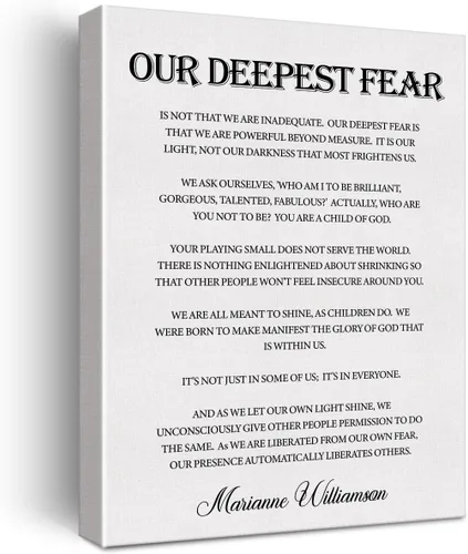 Lienzo con cita inspiradora, arte de pared motivacional con texto en inglés «Our Deepest Fear» de Marianne Williamson, con cita positiva, decoración