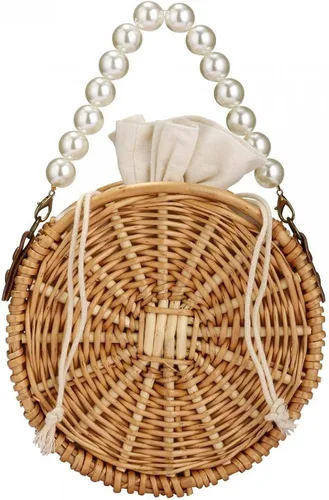 Miniatura 2 de Bolso de playa para mujer, bolso de mimbre rectangular tejido a mano, bolso de mimbre con perlas, bolso retro de paja de verano