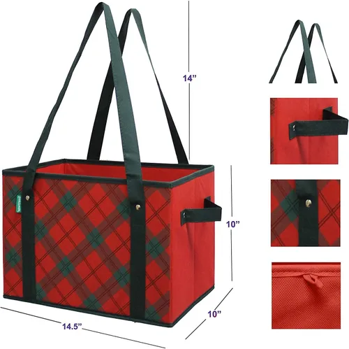 Miniatura 5 de Earthwise Caja de compras plegable reutilizable de lujo, juego de bolsas de comestibles con parte inferior reforzada, diseño navideño a cuadros