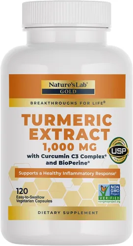 Nature's Lab Complejo C3 de curcumina de cúrcuma de 1000 mg - Extracto de cúrcuma 1000 mg y BioPerine 5 mg estandarizado al 95%, promueve la salud