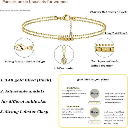 Miniatura 5 de Pancert Tobillera delicada de oro para mujer, chapada en oro de 18 quilates, con cuentas satélites, tobilleras de corazón con diamantes de imitación