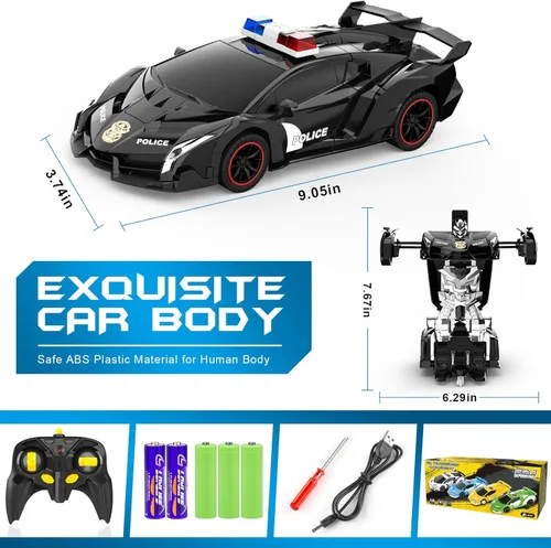 Miniatura 8 de FDJ - Auto a control remoto que se transforma en robot, transformación con un botón a robot con luz intermitente, juguete de policía para niños