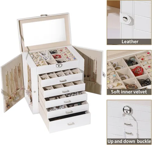 Miniatura 2 de BOOVO Joyero para mujer, organizador de joyas grande de 6 capas con espejo, caja de almacenamiento multifunción con cerradura, soporte