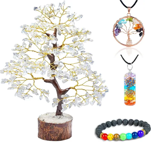Miniatura 13 de Árbol de la vida de los siete chakras con cristales con pulsera y 2 colgantes – Decoración de bonsái Feng Shui con cristales curativos, regalos