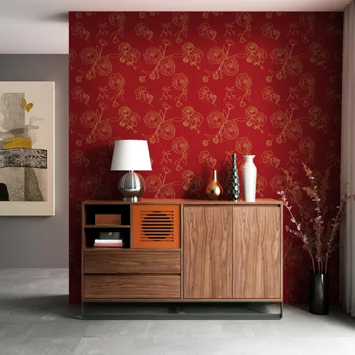 Miniatura 3 de Safiyya Papel tapiz de despegar y pegar de 393" x 17.3", papel de contacto rojo y dorado, papel tapiz floral autoadhesivo removible para cobertura