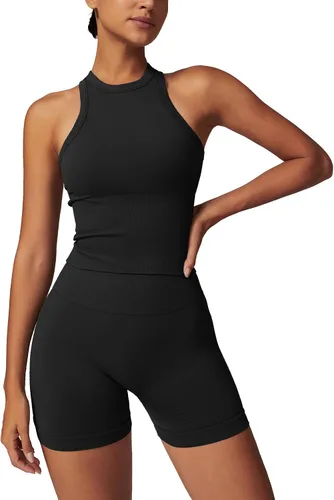 Miniatura 25 de Conjuntos de entrenamiento para mujer, 2 piezas, sin costuras, acanalada, sin mangas, brasier deportivo, cintura alta, pantalones cortos
