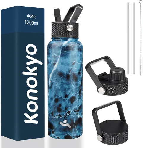 Miniatura 44 de Konokyo - Botella de agua aislada de 18 onzas, botellas deportivas de acero inoxidable con 3 tapas, verde militar