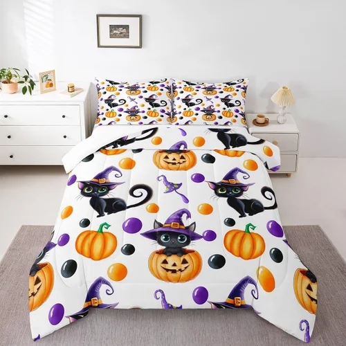 Miniatura 39 de Juego de edredón de calabaza para niños, con estampado de calabaza, estilo Halloween, juego de ropa de cama para niños, juego de ropa de cama