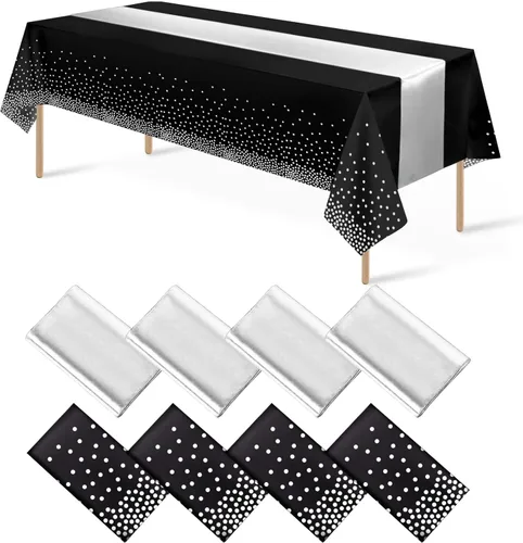 Miniatura 21 de 8 paquetes de manteles de plástico desechables y juego de camino de mesa de satén negro con dorado, mantel de satén dorado para graduación, boda
