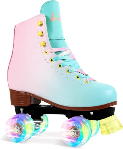 LIKU Patines de cuatro ruedas para niñas y mujeres con todas las ruedas iluminadas, patines de cordones iluminados para interiores y exteriores,