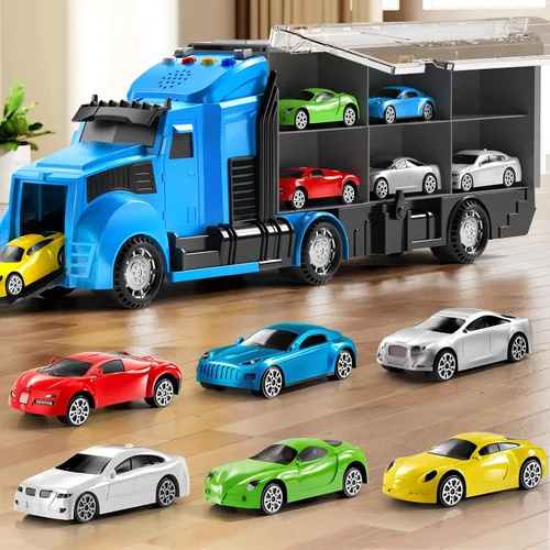 Miniatura 8 de NIPLOOOW Juego de juguetes de camiones de construcción con alfombra de juego, juego de vehículos de transporte de camiones para niños de 3, 4, 5 y 6