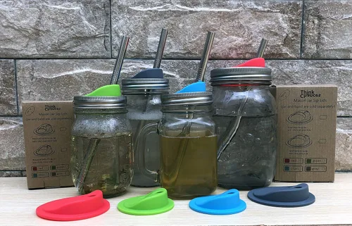 Miniatura 9 de Kit de tapa reutilizable de silicona de grado alimenticio y sin BPA para beber jugo de café con anillos de acero inoxidable para mason, bolas