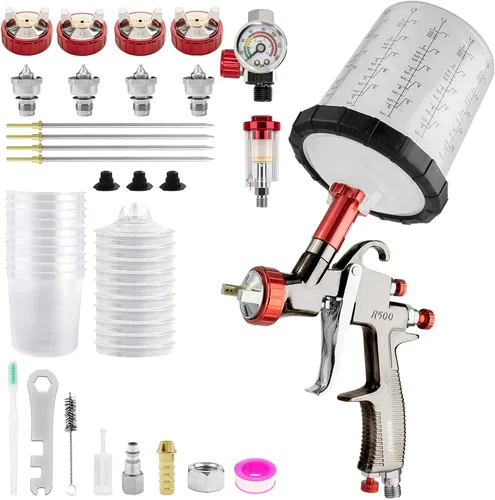 Pistola de rociado de aire LVLP R500 con 10 piezas de vasos desechables de 650ml Boquillas de 1.3/1.5/1.7/2.0mm, Pistola rociadora de pintura R500
