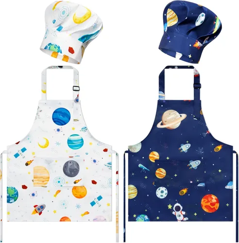 Miniatura 7 de Juego de 4 delantales y sombrero de chef para niños, regalo para niñas y niños, con palabras del alfabeto de animales, delantales ajustables