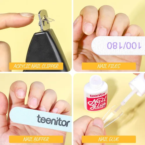 Miniatura 6 de Teenitor - Kit de uñas postizas - Puntas de uñas transparentes tipo ataúd, brochas de arte, bolígrafo de punteado, purpurina, pegatinas y strass