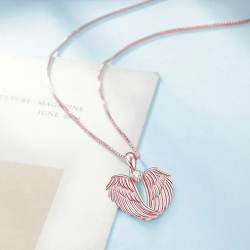Miniatura 2 de YFN Collar de alas de ángel de plata de ley 925 con colgante de alas de ángel guardián, collar de piedra natal para mujeres y niñas, joyería