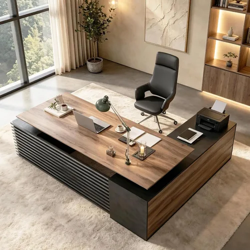 Miniatura 10 de SAINTCY Escritorio ejecutivo de pie en forma de L de 70.87 pulgadas con cajones, escritorio grande y moderno de altura ajustable para oficina