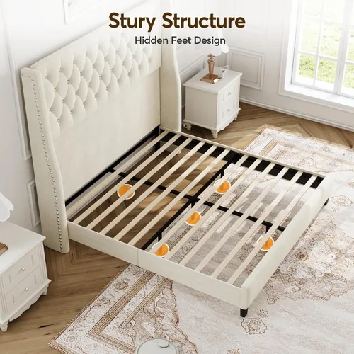 Miniatura 7 de Base de cama matrimonial con cabecero de 55 pulgadas de alto, marcos de cama tapizados, tela suave, cabecera capitonada con botones y parte trasera