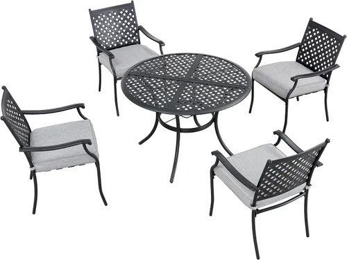 Miniatura 8 de Lokatse Home. Juego de 4 sillas para comedor de hierro forjado para exteriores, con brazos y cojines de asiento. Negro