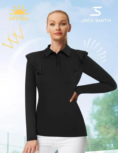 Miniatura 2 de JACK SMITH Polo de golf de manga larga para mujer, con volantes, absorbe la humedad, camisas atléticas de tenis con botones