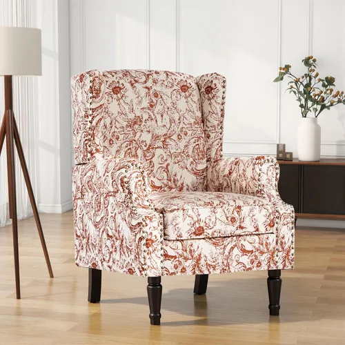 Miniatura 48 de Silla de Acento de Respaldo Alto, Sillón Tapizado en Tela para Sala de Estar, Sillón Wingback con Estampado Floral con Patas de Madera Maciza, Sofá
