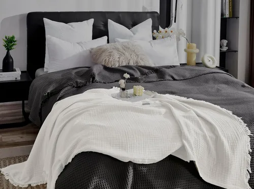 Miniatura 7 de Manta KyraHome de muselina 100 % orgánica para sofá, transpirable, súper suave, 100 % algodón, acogedora, ligera, cálida, suave, para todas