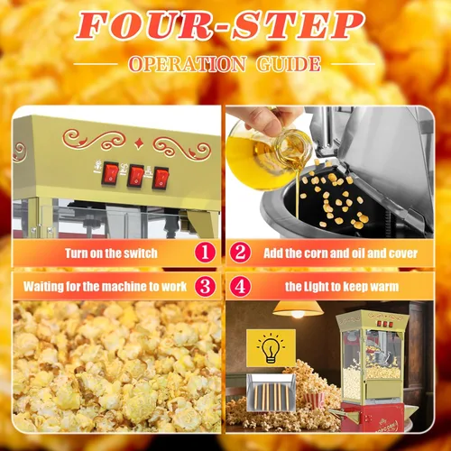 Miniatura 4 de Máquina de palomitas de maíz de 12 onzas con carrito (rojo) - Máquina de palomitas de maíz vintage de gran capacidad - 3 interruptores fáciles