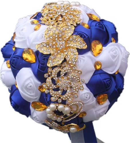 Miniatura 16 de Ramo de novia de 8 pulgadas con rosas de satén de 8 pulgadas con broches de cristal dorado hecho a medida, arreglo de centro de mesa, ramo azul real