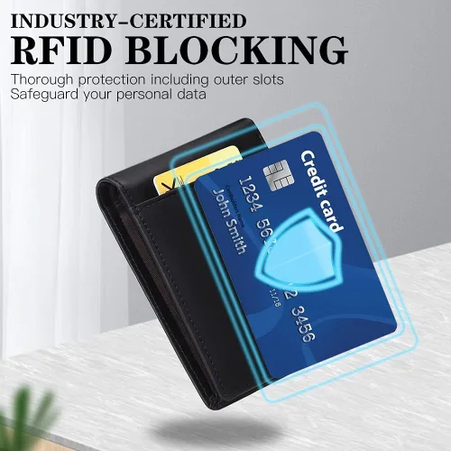 Miniatura 6 de GOIACII - Elegante cartera de cuero genuino para hombre, tarjetero espacioso con bloqueo RFID, doble blando, 2 tarjetas de identificación