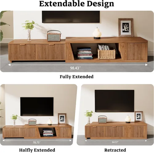 Miniatura 4 de Epecoya Soportes de TV extensibles de 98 pulgadas para sala de estar, soporte de TV extralargo de madera con estante y cajones ajustables, consola