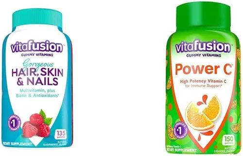 Vitafusion Gorgeous Hair Skin & Nails Multivitamin Plus Power C Vitamina C Gomitas para apoyo inmunológico, 135 unidades y 150 unidades