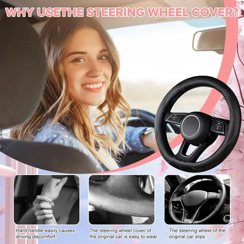 Miniatura 4 de Funda negra para volante de automóvil, antideslizante, transpirable, cómoda, de cuero PU, lindo protector universal, accesorios interiores de Rosa