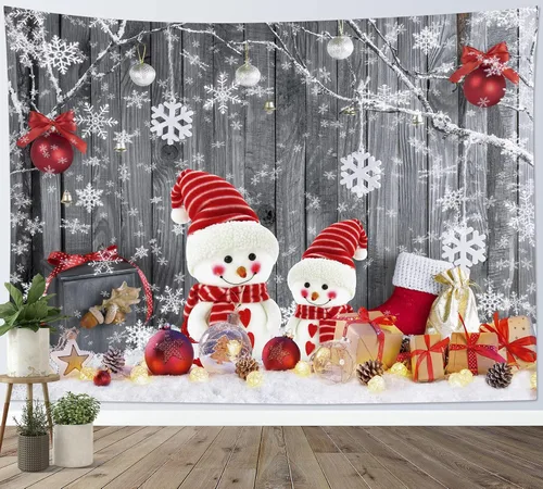 Miniatura 34 de HVEST Tapiz navideño de invierno para colgar en la pared, muñeco de nieve divertido con sombrero azul y tapices de regalo de Navidad, tapiz de pino