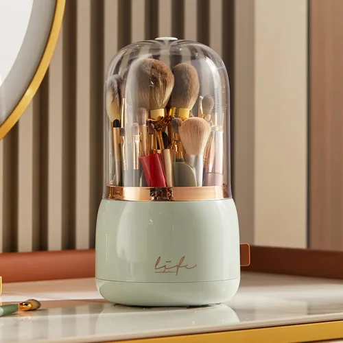 Miniatura 9 de Organizador de brochas de maquillaje con tapa, organizador giratorio a prueba de polvo para brochas de maquillaje con cubierta acrílica transparente