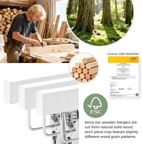 Miniatura 8 de HOUSE DAY Paquete de 25 perchas de madera de alta calidad para pantalones, perchas de falda de madera de loto maciza con 2 clips ajustables, Blanco