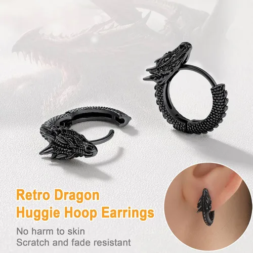 Miniatura 3 de U7 Aretes punk rock para hombres y mujeres, hipoalergénicos, de acero inoxidable, oro de 18 quilates, negroplata de ley S925, aretes de dragón