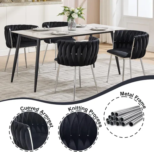 Miniatura 5 de Juego de 2 sillas de comedor de terciopelo, sillas laterales tapizadas tejidas con patas de metal plateado, Sillas de Comedor 2, sillas decorativas