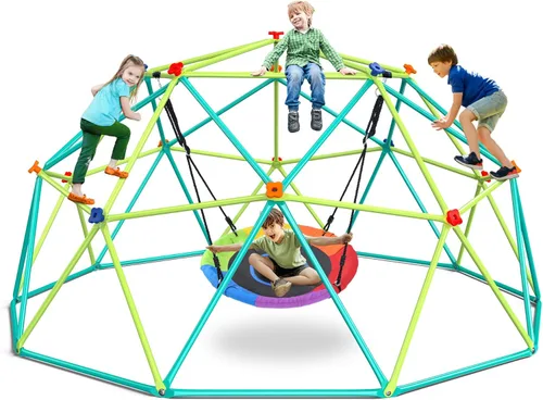 Hapfan Juego de columpio de cúpula de escalada de 10 pies con platillo, gimnasio de la jungla para patio trasero al aire libre para niños, soporta
