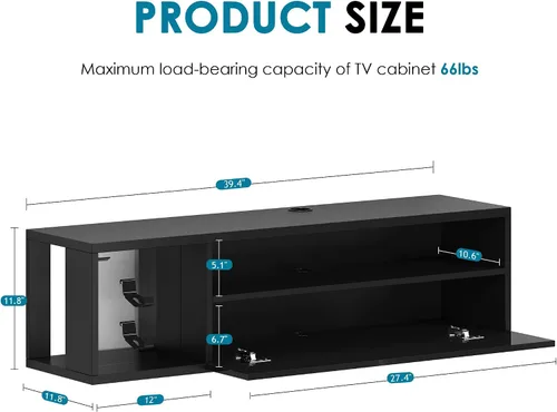 Miniatura 2 de DlandHome Soporte flotante para TV con luz LED, consola multimedia de 39.3 pulgadas, estante flotante para debajo del televisor con estante