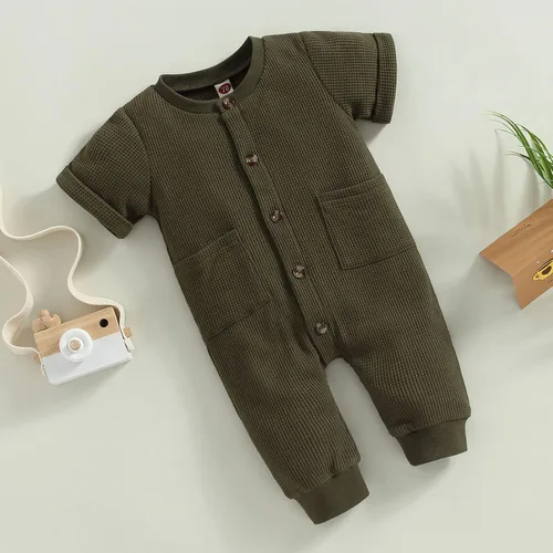 Miniatura 8 de Mubineo Mameluco de manga corta para bebé, niño, niña, verano, otoño, básico, liso, con botones