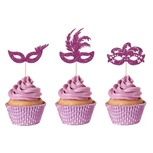 Miniatura 12 de Gyufise 24 máscaras de mascarada para cupcakes con purpurina para despedida de soltera, para cupcakes, comida y frutas, baile de máscaras, Mardi