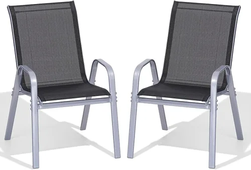 Miniatura 14 de Juego de 2 sillas de patio, sillas de comedor exterior apilables de fácil montaje con respaldo alto y asiento ancho, sillas exteriores transpirables