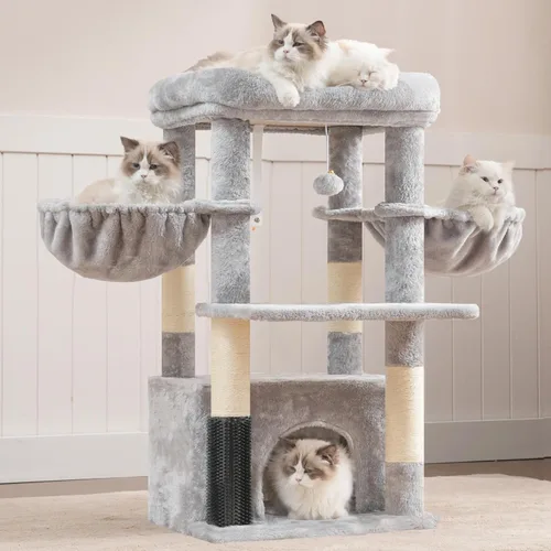 Miniatura 8 de Hey-brother Torre para Gatos con Plataforma Extra Grande, Condominio Espacioso, 2 Hamacas Cómodas, Cepillo de Auto-Acicalamiento, Postes Rascadores
